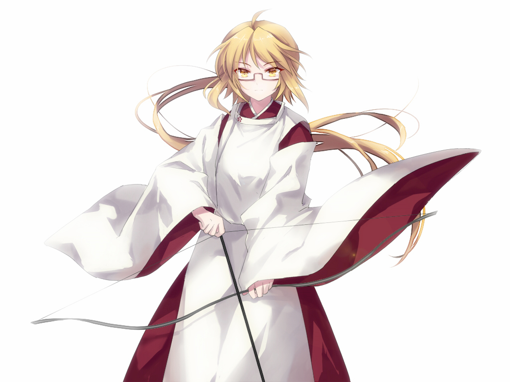 1girl akinomiya_asuka blonde_hair bow_(weapon) closed_mouth commentary_request cowboy_shot detached_sleeves glasses holding holding_bow_(weapon) holding_weapon japanese_clothes kimono long_hair looking_at_viewer magahara_mitama mystical_power_plant original ponytail rectangular_eyewear red_kimono simple_background solo touhou weapon white_background white_sleeves wide_sleeves