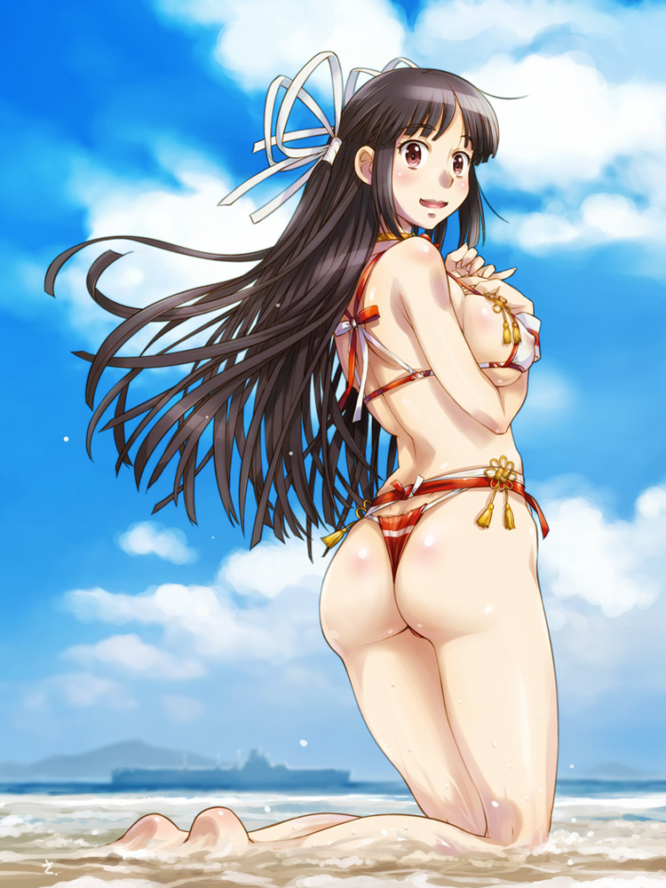 1girl aircraft_carrier ass beach bikini black_hair blue_sky brown_eyes clouds cloudy_sky day full_body hair_ribbon hime_cut hiyou_(kantai_collection) kantai_collection long_hair military military_vehicle ocean red_bikini_bottom ribbon sameha_ikuya ship sky solo swimsuit warship watercraft white_bikini_top white_ribbon