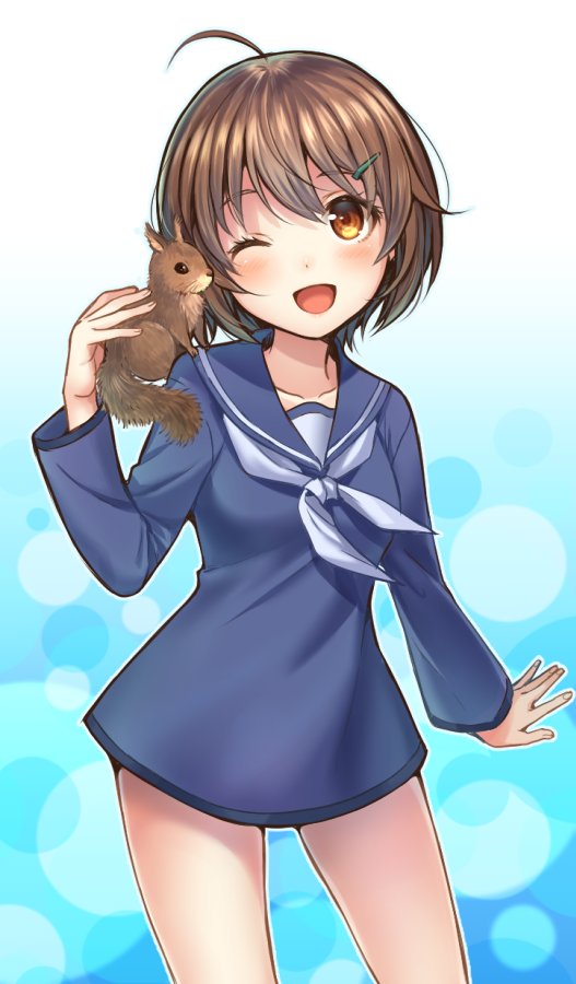 1girl ;d ahoge animal animal_on_shoulder bangs blouse blue_blouse blurry bokeh brave_witches commentary cowboy_shot depth_of_field grey_neckwear hair_ornament hairclip karibuchi_hikari light_blush looking_at_viewer neckerchief no_pants one_eye_closed open_mouth petting school_uniform serafuku short_hair smile solo squirrel standing totonii_(totogoya) world_witches_series