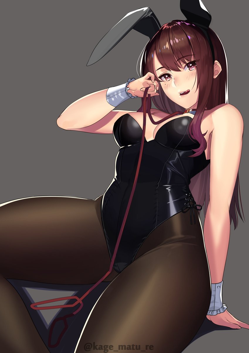 1girl animal_ears arm_behind_back arm_support bangs bare_shoulders black_leotard blush breasts eyebrows_visible_through_hair grey_background highres kagematsuri leash leotard looking_at_viewer medium_breasts mole mole_under_eye open_mouth original pantyhose rabbit_ears shiny shiny_hair simple_background sitting solo straight_hair swept_bangs tongue tongue_out wrist_cuffs