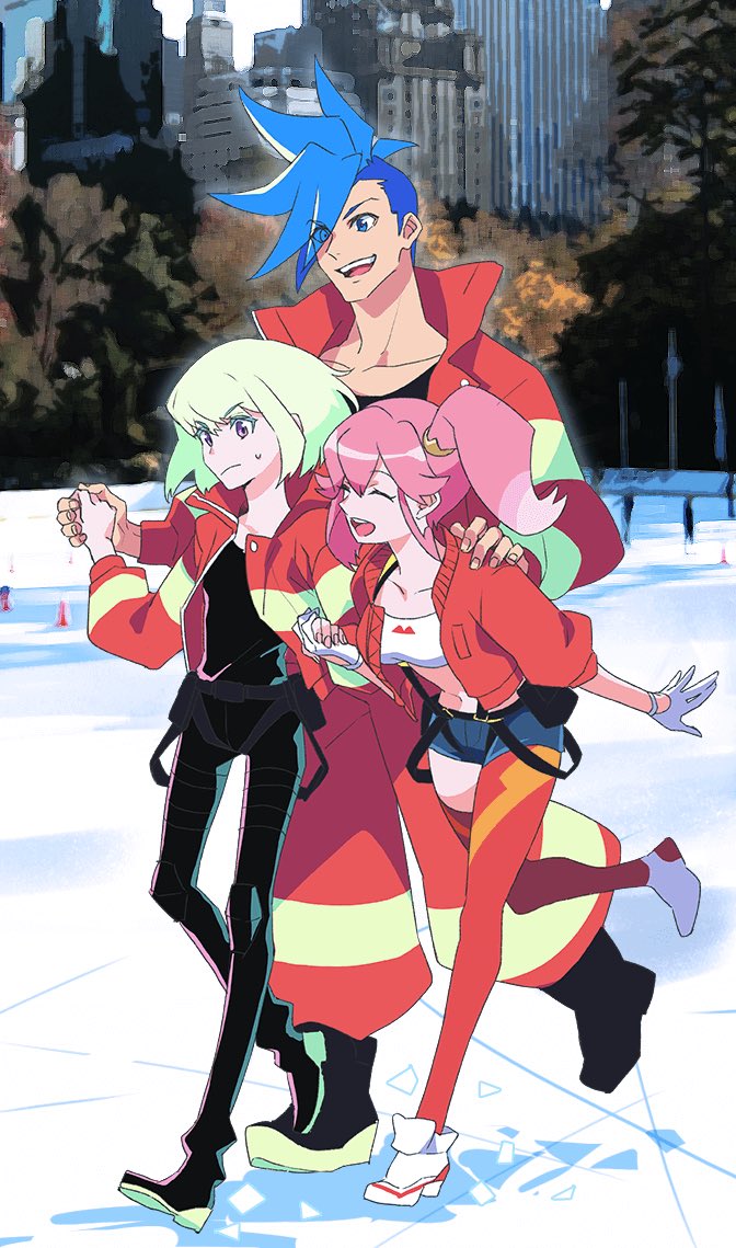 1girl 2boys aina_ardebit blonde_hair blue_hair earrings galo_thymos holding_hands ice_skating jacket jewelry josei_(artist) lio_fotia midriff multiple_boys open_mouth outdoors pants pink_hair promare shorts side_ponytail skating smile thigh-highs violet_eyes