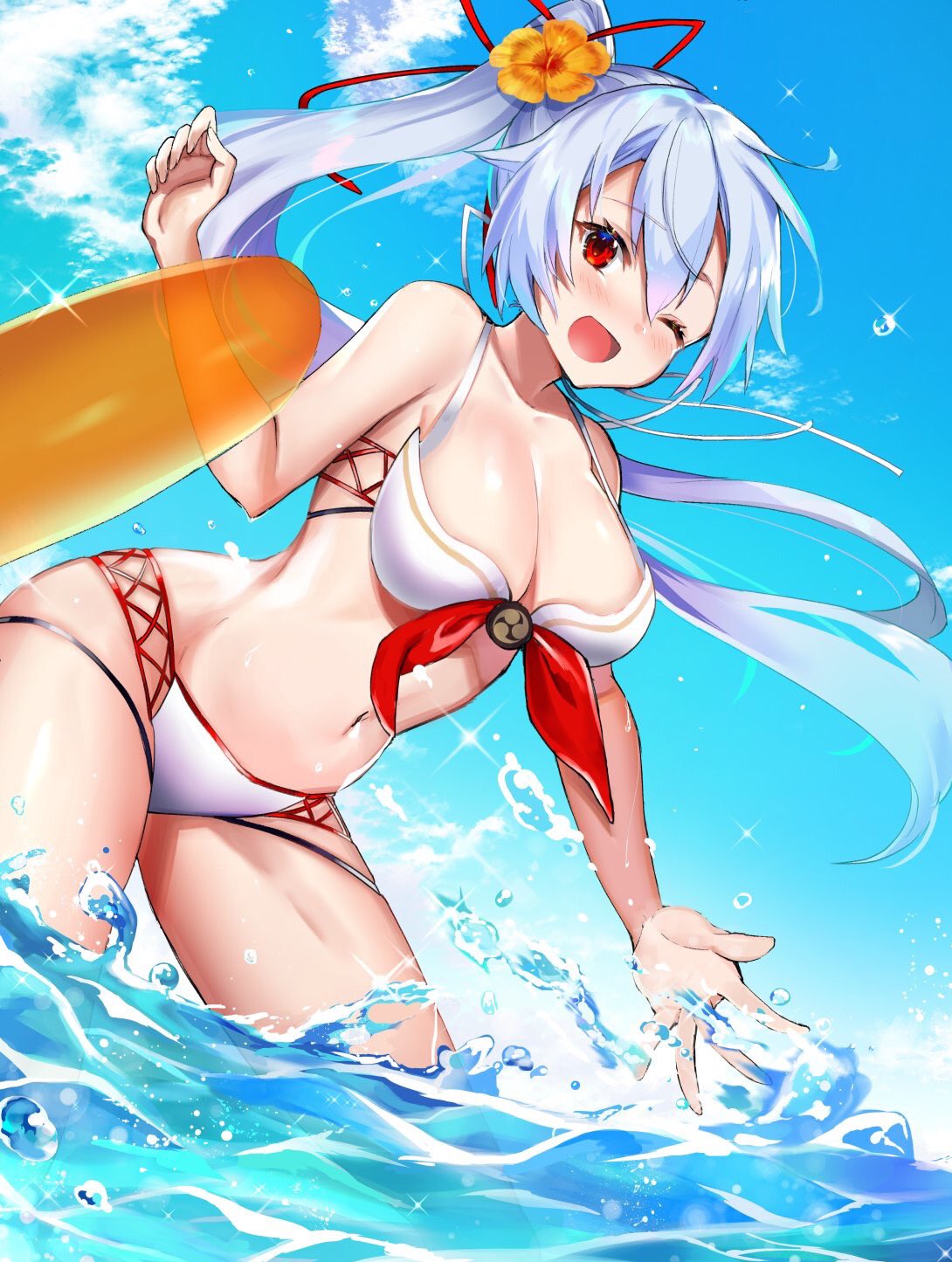 1girl ;d alternate_costume bangs beach bikini blue_sky breasts clouds day eyebrows_visible_through_hair fate/grand_order fate_(series) felnemo flower hair_between_eyes hair_flower hair_ornament hair_ribbon highres looking_at_viewer medium_breasts navel ocean one_eye_closed open_mouth outdoors ponytail red_eyes red_ribbon ribbon silver_hair sky smile spaghetti_strap swimsuit tagme tomoe_(symbol) tomoe_gozen_(fate/grand_order) water