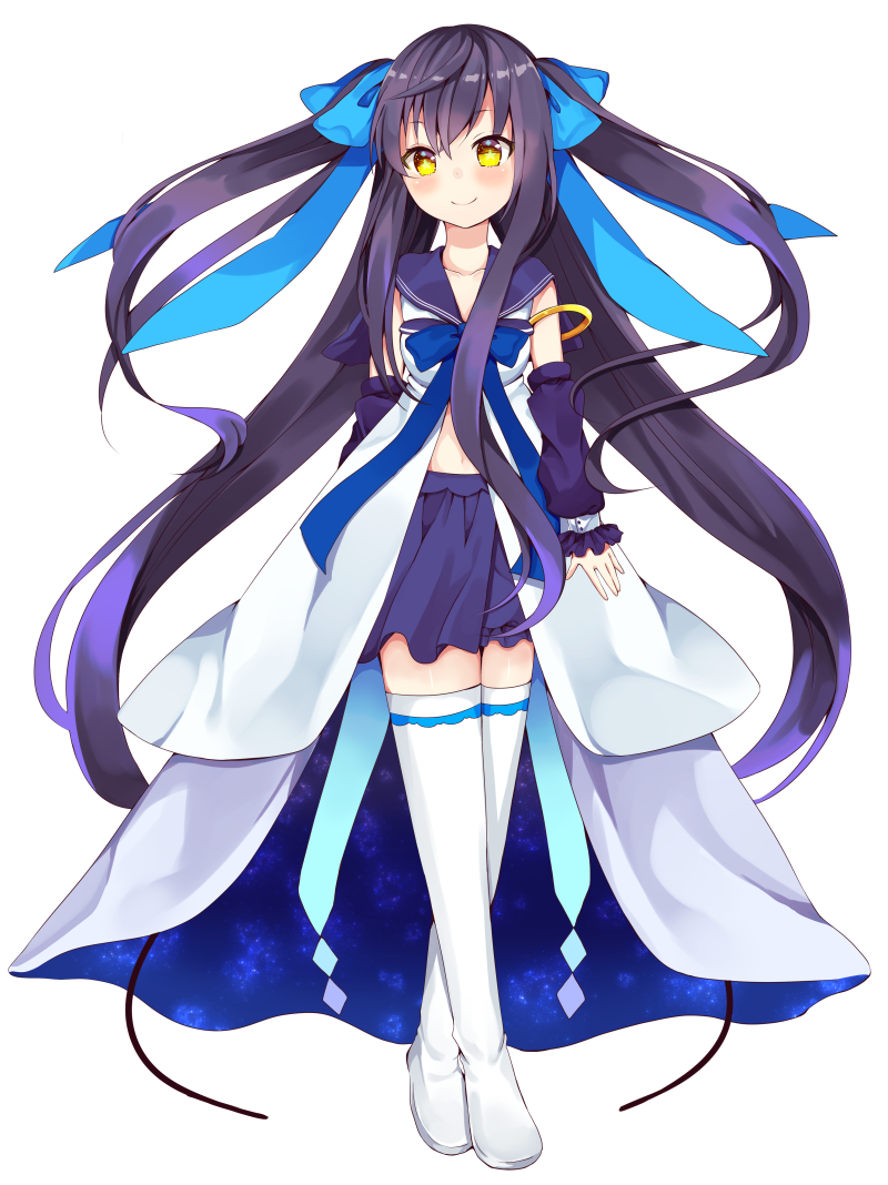 1girl bangs black_hair blue_bow blush boots bow brown_eyes closed_mouth commentary_request crossed_legs detached_sleeves dress eyebrows_visible_through_hair full_body hair_between_eyes hair_bow long_hair long_sleeves maki_soutoki original pleated_skirt puffy_long_sleeves puffy_sleeves purple_sailor_collar purple_skirt purple_sleeves sailor_collar sailor_dress simple_background skirt sleeveless sleeveless_dress sleeves_past_wrists smile solo standing thigh-highs thigh_boots two_side_up very_long_hair watson_cross white_background white_dress white_footwear white_legwear yellow_eyes