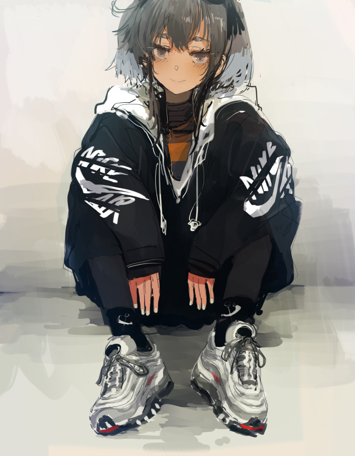 1girl alternate_costume anchor anchor_symbol bangs black_eyes black_hair black_jacket black_legwear blush closed_mouth clothes_writing custom_(cus-tom) eyelashes gradient_hair hairband hood hooded_jacket hoodie jacket kantai_collection long_sleeves multicolored_hair nail_polish nike shoes short_hair short_hair_with_long_locks sitting smile sneakers solo tokitsukaze_(kantai_collection)