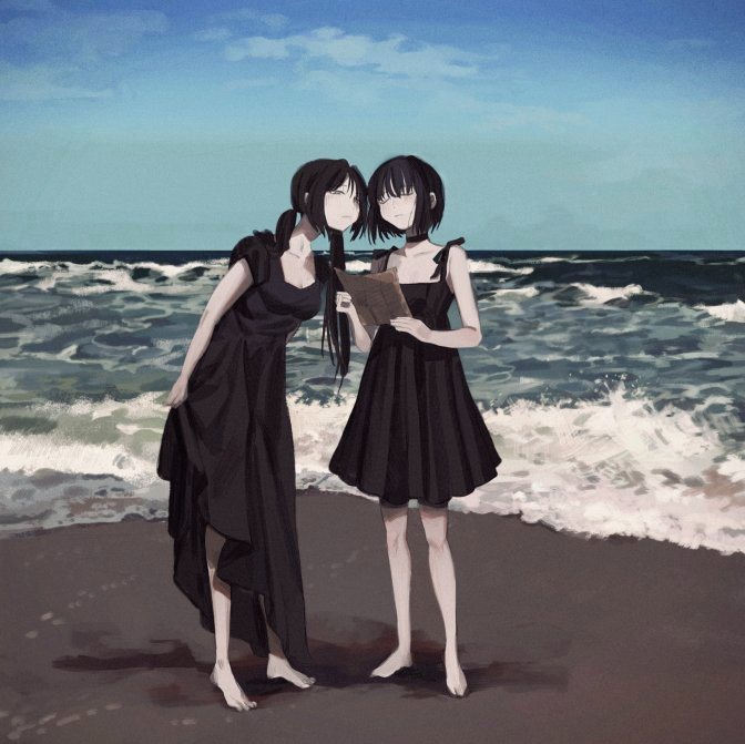 2girls bangs barefoot beach black_dress breasts choker closed_eyes closed_mouth clouds day dress freng full_body holding holding_paper long_hair multiple_girls original pale_skin paper sand shadow short_hair sky standing water waves