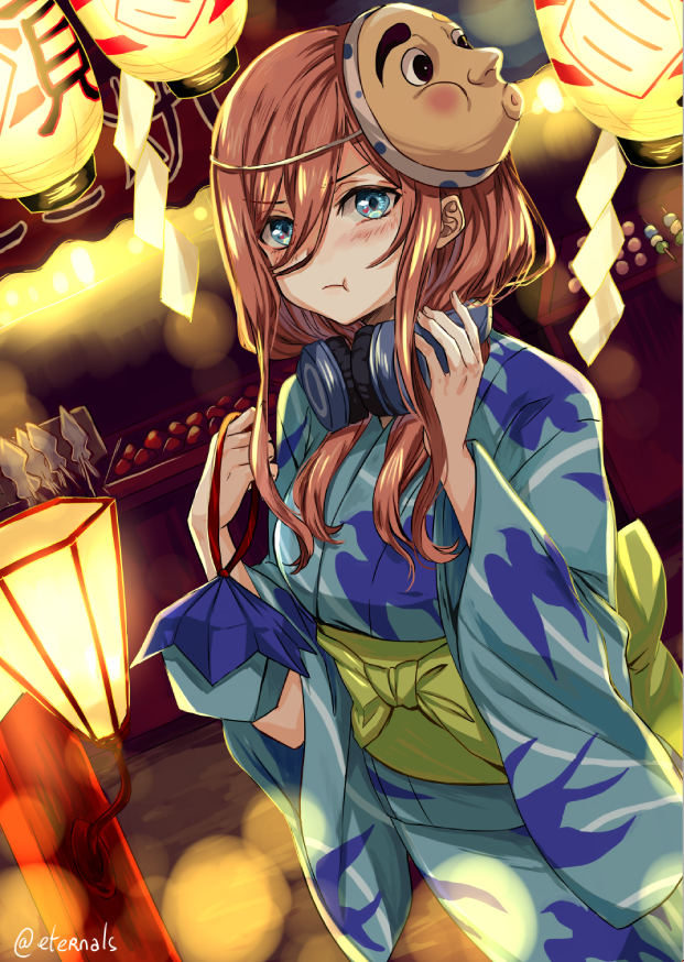 1girl bangs blue_eyes blush breasts brown_hair closed_mouth english_commentary eternals festival go-toubun_no_hanayome hair_between_eyes headphones headphones_around_neck japanese_clothes kimono lantern large_breasts mask mask_on_head medium_hair nakano_miku obi pout sash yukata