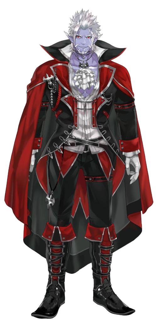 1boy beard black_footwear black_jacket black_pants boots cape chest closed_mouth facial_hair full_body gilzaren_iii gloves jacket looking_at_viewer nijisanji official_art pants partially_unbuttoned pointy_ears purple_skin red_cape red_eyes smile standing tachi-e thigh_strap transparent_background vampire virtual_youtuber white_gloves white_hair