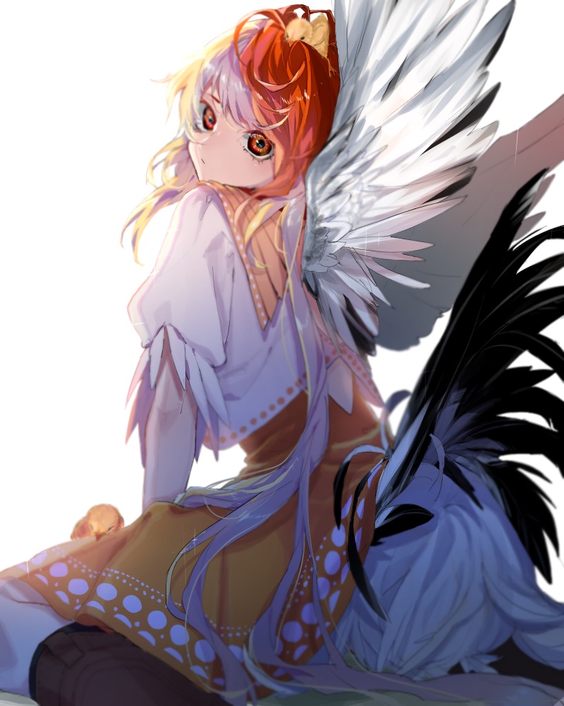 1girl animal animal_on_head arms_between_legs bird bird_on_head bird_wings blonde_hair brown_skirt chick commentary_request dress expressionless feathered_wings fuuga_(perv_rsity) head_tilt layered_dress looking_at_viewer looking_back multicolored_hair niwatari_kutaka on_head red_eyes redhead short_hair simple_background sitting skirt solo symbol_commentary tail_feathers touhou two-tone_hair wariza white_background wings