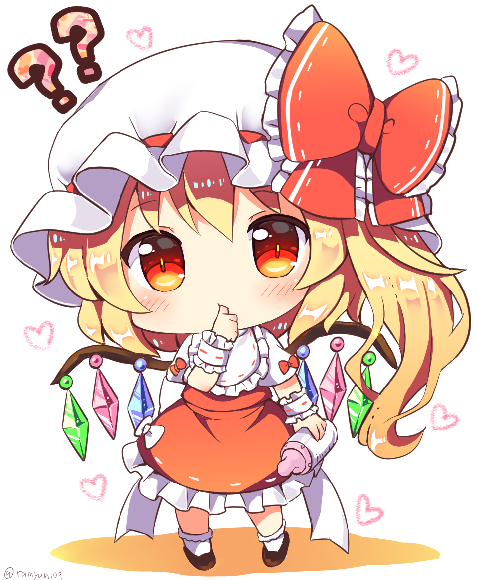 1girl ?? blonde_hair blush chibi commentary_request crystal flandre_scarlet full_body hart heart long_hair looking_at_viewer ramudia_(lamyun) red_eyes side_ponytail simple_background solo standing thumb_sucking touhou twitter_username white_background white_headwear wings