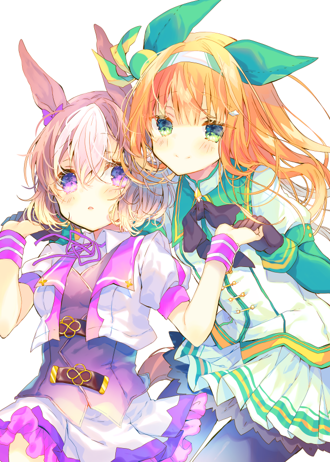 2girls animal_ears bangs black_gloves blush bow brown_hair brown_vest closed_mouth collared_shirt eyebrows_visible_through_hair gloves green_eyes hair_between_eyes hair_bow hair_ornament hairband hairclip holding_hands horse_ears jacket long_hair long_sleeves multicolored_hair multiple_girls neck_ribbon necon1 open_clothes open_jacket orange_hair parted_lips pleated_skirt puffy_short_sleeves puffy_sleeves purple_ribbon ribbon shirt short_over_long_sleeves short_sleeves silence_suzuka simple_background skirt smile special_week streaked_hair umamusume very_long_hair vest violet_eyes white_background white_hair white_jacket white_shirt white_skirt wristband