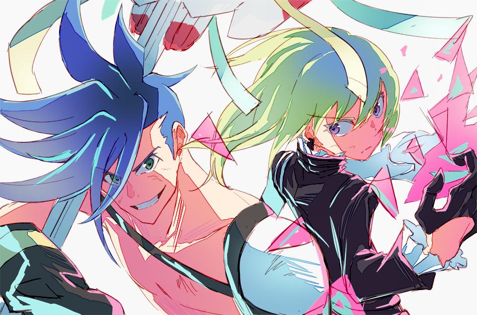2boys back-to-back black_gloves black_jacket blue_hair cravat fire galo_thymos gloves green_hair half_gloves jacket kiomota lio_fotia looking_at_viewer male_focus multiple_boys open_mouth polearm promare smile spear violet_eyes weapon