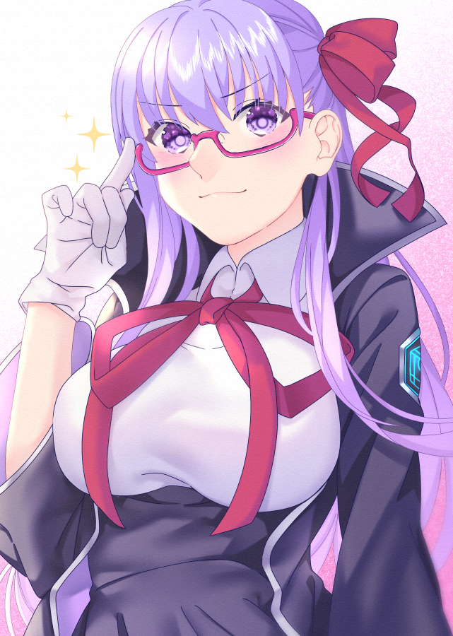 1girl :3 adjusting_eyewear akapug621 bb_(fate)_(all) bb_(fate/extra_ccc) bespectacled black_jacket blush breasts commentary_request fate/grand_order fate_(series) glasses gloves hair_ribbon huge_breasts jacket long_hair looking_at_viewer purple_hair red-framed_eyewear red_ribbon ribbon semi-rimless_eyewear solo sparkle under-rim_eyewear violet_eyes white_gloves
