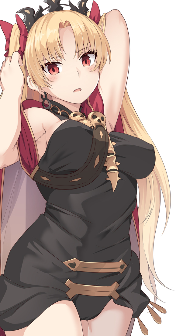 1girl arm_up bangs between_breasts black_dress black_leotard blonde_hair blush bone bow breasts buckle cape commentary_request cowboy_shot dress earrings ereshkigal_(fate/grand_order) eyebrows_visible_through_hair fate/grand_order fate_(series) gold_trim hair_bow hair_ornament hair_ribbon hand_in_hair hand_up headpiece hoop_earrings jewelry leotard long_hair medium_breasts necklace open_mouth parted_bangs red_cape red_eyes red_ribbon ribbon shiseki_hirame skull solo spine standing strap strap_between_breasts tiara two_side_up very_long_hair