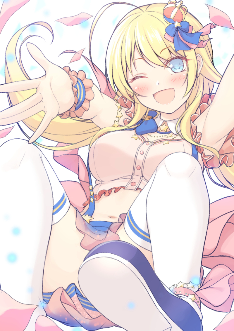 1girl ;d ahoge bangs blonde_hair blue_eyes blush crown eyebrows_visible_through_hair hachimiya_meguru hair_ornament idolmaster idolmaster_shiny_colors long_hair looking_at_viewer low_twintails midriff mini_crown mutsuba_fumi navel one_eye_closed open_mouth outstretched_arms shoes simple_background smile solo star thigh-highs twintails white_legwear wrist_cuffs