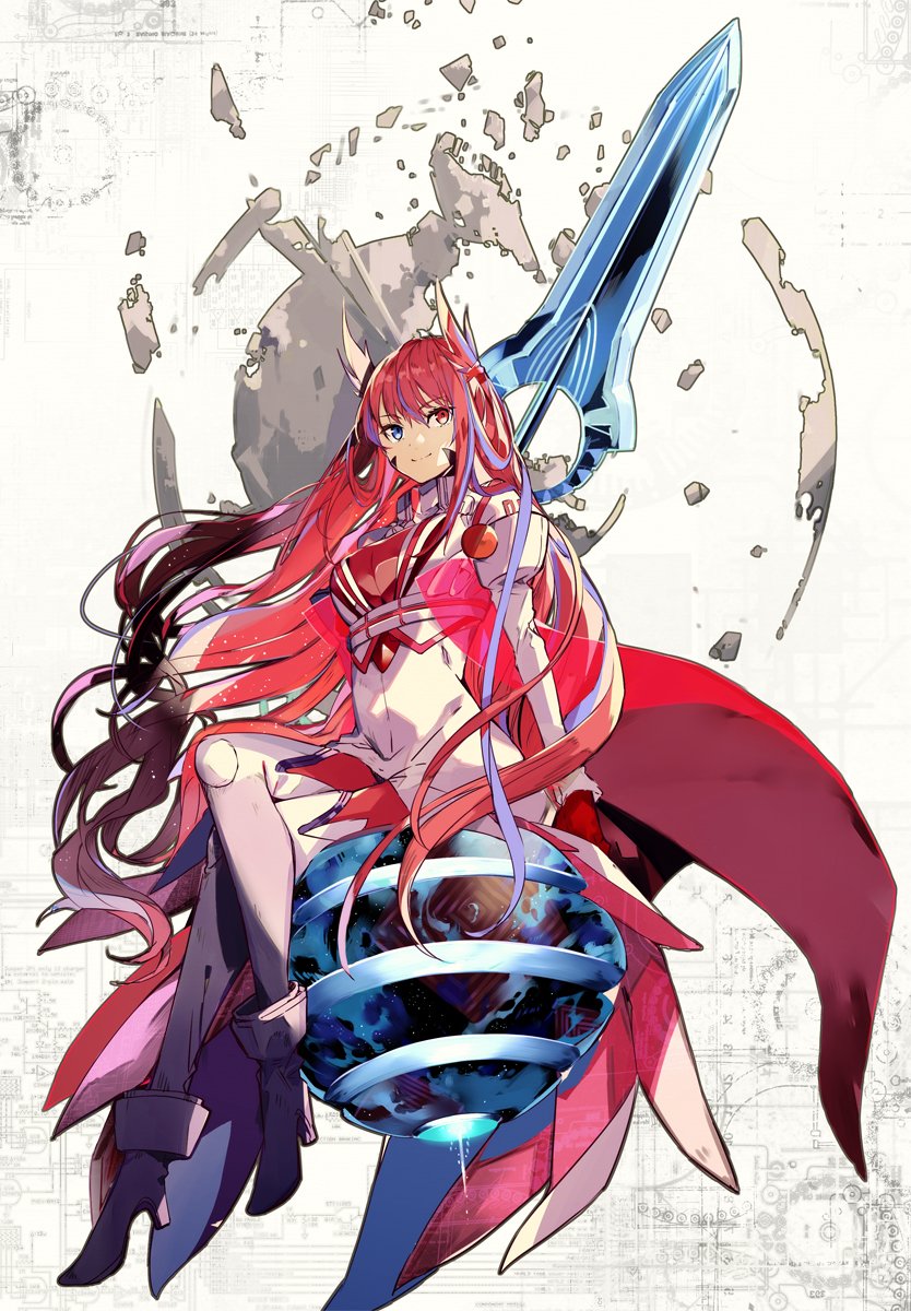 1girl blue_eyes blue_hair boots crossed_legs dies_irae dies_irae_pantheon eyebrows_visible_through_hair full_body g_yuusuke glaive heterochromia high_heels highres long_hair mithra_(dies_irae) multicolored_hair red_eyes redhead see-through sitting sitting_on_object smile solo sphere streaked_hair thigh-highs thigh_boots unmoving_pattern very_long_hair