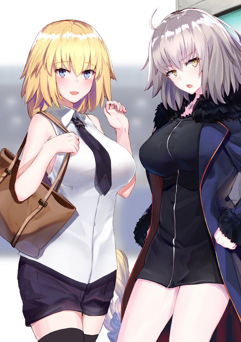 2girls :d :o ahoge bag black_dress black_legwear black_neckwear black_skirt blonde_hair blue_eyes blush braid breasts coat commentary_request dress fate/grand_order fate_(series) full-length_zipper fur-trimmed_coat fur_trim grey_hair handbag hands_on_hips highres jeanne_d'arc_(alter)_(fate) jeanne_d'arc_(fate) jeanne_d'arc_(fate)_(all) jewelry large_breasts long_braid long_hair looking_at_viewer multiple_girls necklace necktie ninoude_(ninoude44) open_mouth shirt short_dress short_hair single_braid skirt sleeveless sleeveless_shirt smile thigh-highs very_long_hair white_shirt wicked_dragon_witch_ver._shinjuku_1999 yellow_eyes zettai_ryouiki zipper