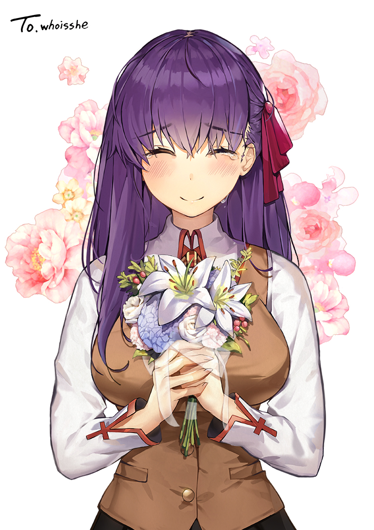 1girl bangs black_skirt blue_flower blush bouquet breasts brown_vest closed_eyes closed_mouth collared_shirt commentary_request crying eto_(nistavilo2) eyebrows_visible_through_hair facing_viewer fate/stay_night fate_(series) fingernails flower hair_between_eyes hair_ribbon holding holding_bouquet homurahara_academy_uniform large_breasts long_hair long_sleeves matou_sakura pink_flower pink_rose purple_hair red_ribbon ribbon rose school_uniform shirt simple_background skirt smile solo tears upper_body vest white_background white_flower white_shirt