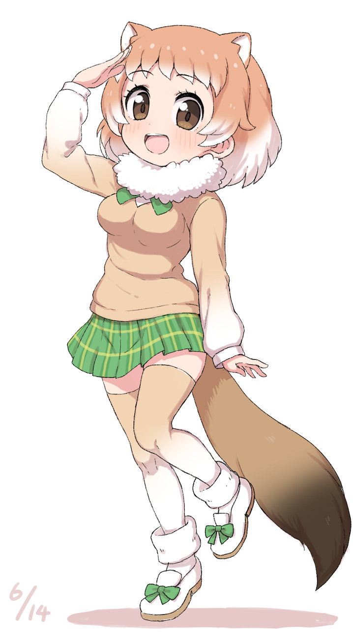 1girl :d animal_ears black-tailed_prairie_dog_(kemono_friends) bow_footwear brown_eyes dated eyebrows_visible_through_hair full_body fur_collar gradient gradient_hair gradient_legwear green_skirt hand_up highres kemono_friends light_brown_hair long_sleeves looking_at_viewer medium_hair multicolored multicolored_clothes multicolored_hair multicolored_legwear open_mouth plaid plaid_skirt pleated_skirt prairie_dog_ears prairie_dog_tail ransusan salute shoes simple_background skirt smile solo tail thigh-highs white_background white_hair zettai_ryouiki