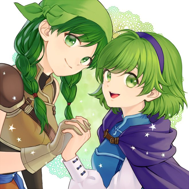 2girls armor bandana blue_eyes blush braid cape fingerless_gloves fire_emblem fire_emblem:_rekka_no_ken gloves green_eyes green_hair hair_over_shoulder hairband long_hair looking_at_viewer multiple_girls nino_(fire_emblem) open_mouth purple_hairband rebecca_(fire_emblem) short_hair smile twin_braids twintails youheiogm