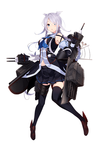 1girl black_gloves black_legwear black_serafuku black_skirt blue_eyes blue_neckwear blush braid full_body gloves hair_over_one_eye kantai_collection kujou_ichiso long_hair machinery neckerchief official_art parted_lips pleated_skirt remodel_(kantai_collection) sailor_collar school_uniform serafuku silver_hair single_braid skirt solo thigh-highs transparent_background turret umikaze_(kantai_collection)