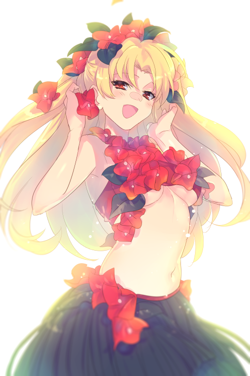 1girl bangs bare_shoulders blonde_hair blush breasts cis05 ereshkigal_(fate/grand_order) fate/grand_order fate_(series) flower grass_skirt hair_flower hair_ornament hibiscus long_hair looking_at_viewer medium_breasts navel open_mouth parted_bangs red_bikini_top red_eyes simple_background smile solo two_side_up white_background