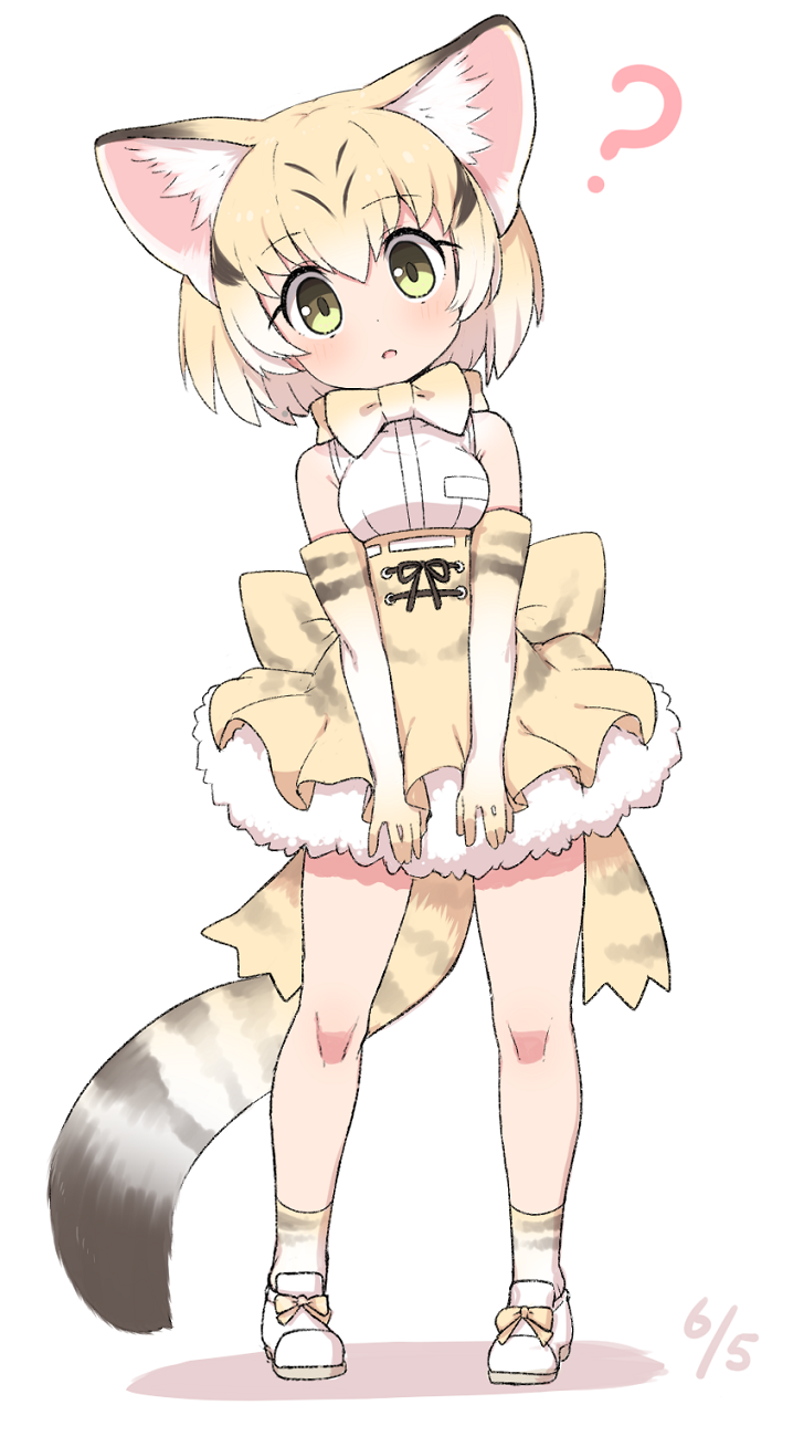 1girl ? animal_ear_fluff animal_ears bangs bare_shoulders blonde_hair bow bowtie cat_ears cat_tail dated elbow_gloves eyebrows_visible_through_hair full_body gloves hair_between_eyes head_tilt high-waist_skirt highres kemono_friends looking_at_viewer open_mouth print_gloves print_legwear print_skirt ransusan sand_cat_(kemono_friends) sand_cat_print shirt shoes short_hair simple_background skirt sleeveless sleeveless_shirt socks solo tail white_background white_legwear white_shirt yellow_eyes