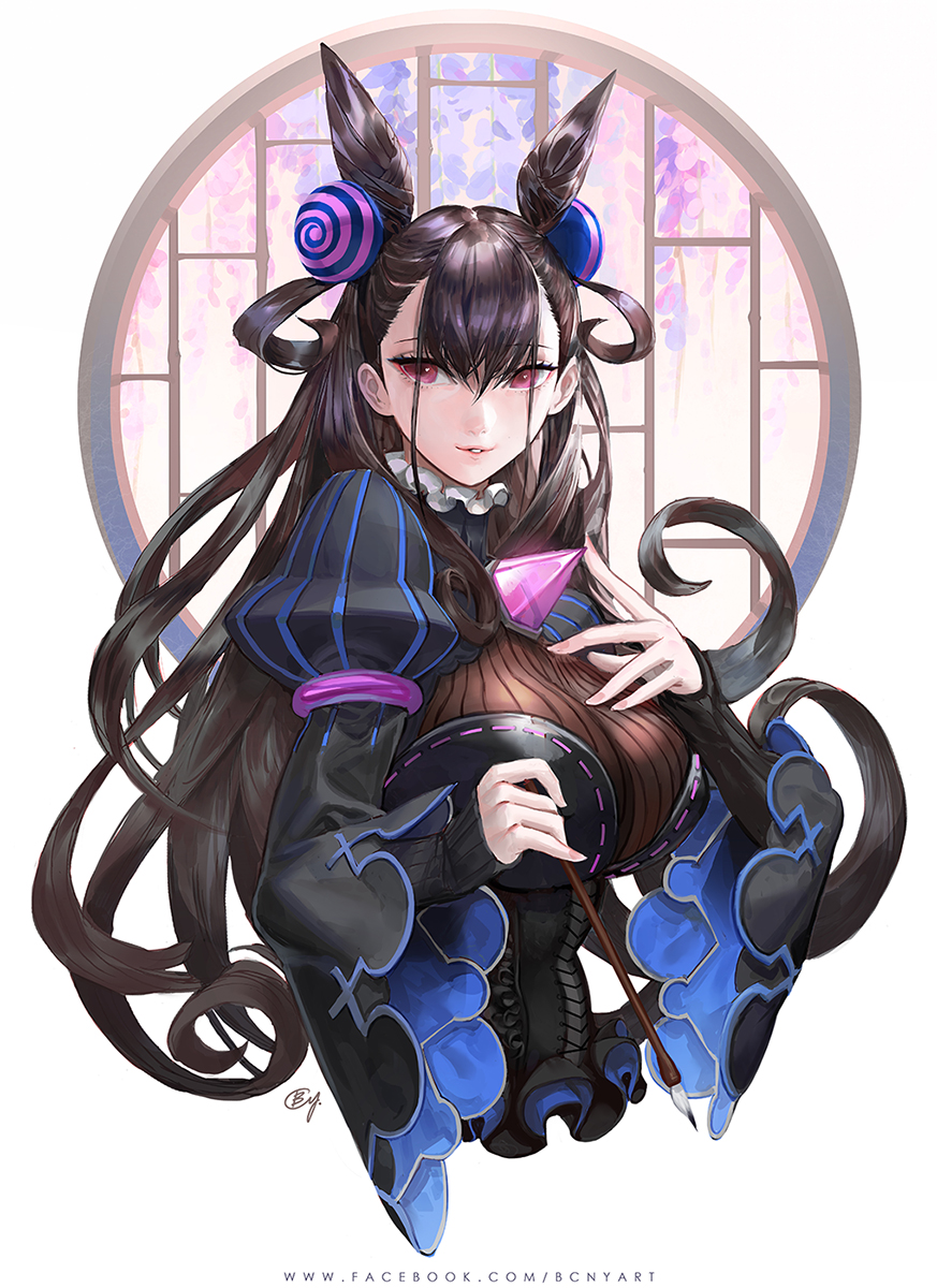 1girl b.c.n.y. black_dress black_hair breasts bustier calligraphy_brush commentary double_bun dress english_commentary fate/grand_order fate_(series) gem hair_between_eyes hair_ornament highres juliet_sleeves large_breasts long_hair long_sleeves murasaki_shikibu_(fate) paintbrush puffy_sleeves revision ribbed_sweater sleeves_past_wrists solo sweater two_side_up violet_eyes