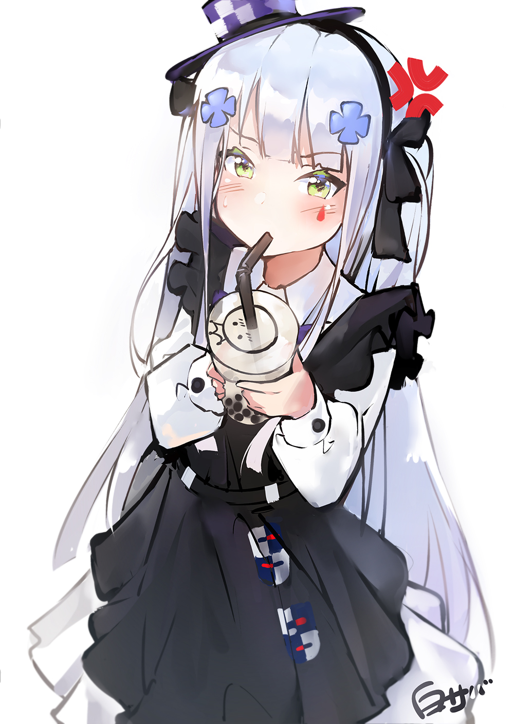 1girl anger_vein bangs bendy_straw black_bow black_dress black_hairband blush bow bubble_tea closed_mouth collared_shirt commentary cup disposable_cup dress drinking drinking_straw eyebrows_visible_through_hair facial_mark girls_frontline green_eyes hair_bow hair_ornament hairband hat highres hk416_(girls_frontline) holding holding_cup long_sleeves mini_hat pleated_skirt purple_headwear shirosaba shirt signature silver_hair simple_background skirt sleeveless sleeveless_dress solo sweat tilted_headwear white_background white_shirt white_skirt