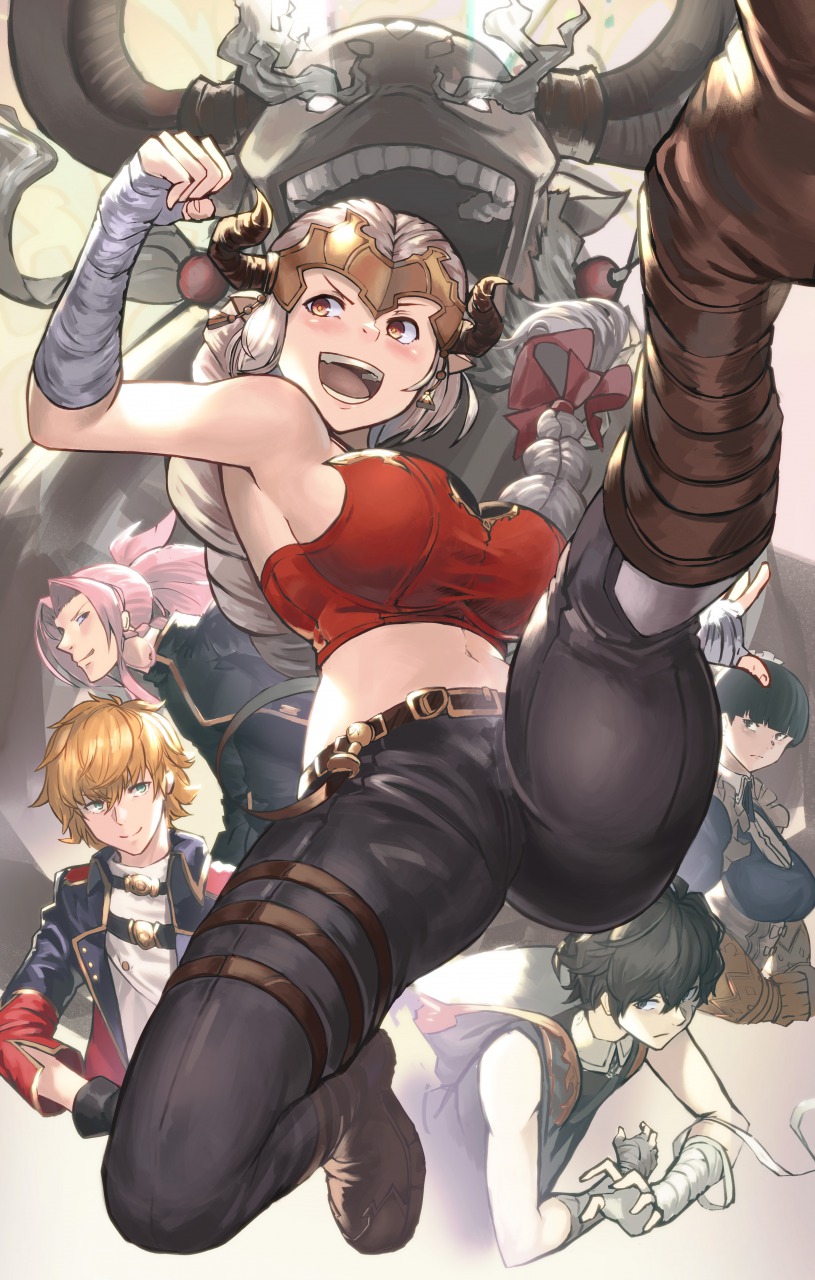 aliza_(granblue_fantasy) black_hair blonde_hair boots breasts character_request clenched_hand commentary_request draph earrings flying_kick forehead_protector foreshortening granblue_fantasy hair_ribbon hand_wraps highres horns jewelry kicking large_breasts long_hair low-tied_long_hair maid midriff multiple_boys multiple_girls navel open_mouth pants pink_hair pointy_ears ribbon sideboob silver_hair solo_focus thigh_strap yuu3