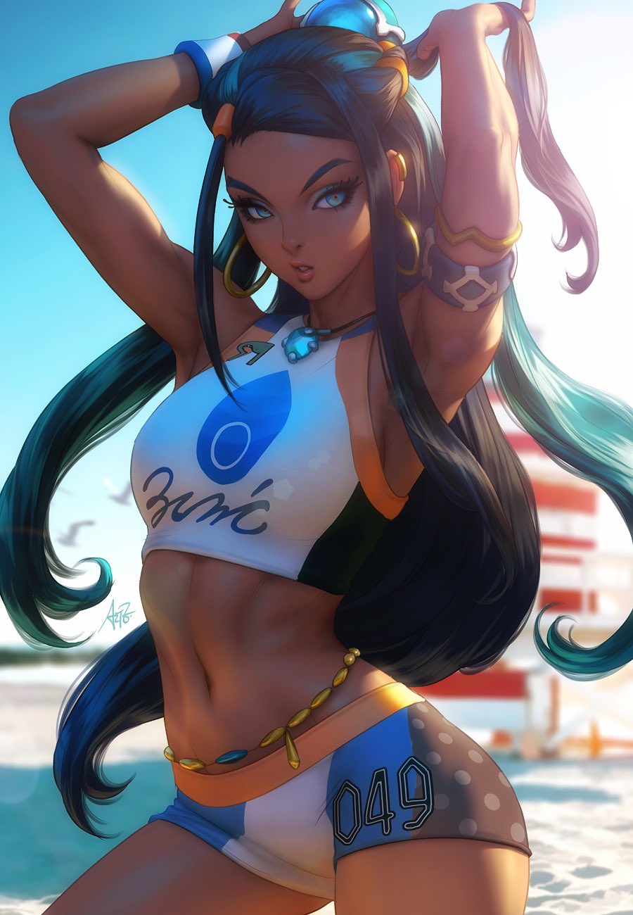 1girl armlet armpits arms_up beach belly_chain black_hair blue_eyes blue_hair blue_sky breasts contrapposto dark_skin day earrings eyeliner gloves hair_bun hand_in_hair highres hoop_earrings jewelry long_hair looking_at_viewer makeup multicolored_hair navel necklace open_mouth outdoors pokemon pokemon_(game) pokemon_swsh rurina_(pokemon) sand signature sky solo stanley_lau sunlight swimsuit tankini toned two-tone_hair