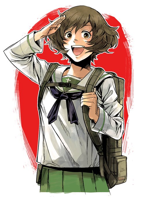 1girl akiyama_yukari backpack bag bangs black_neckwear blouse brown_eyes brown_hair girls_und_panzer green_skirt hiro_(chumo) long_sleeves messy_hair neckerchief ooarai_school_uniform open_mouth pleated_skirt safe salute school_uniform serafuku short_hair skirt smile solo white_blouse