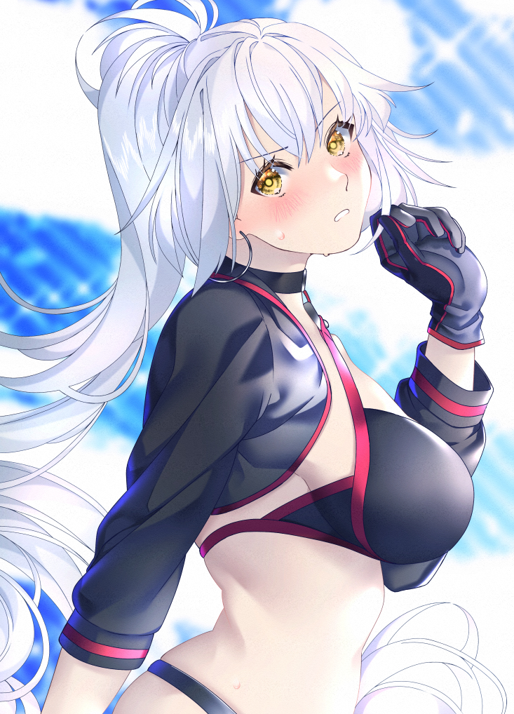 1girl akapug621 bikini black_bikini black_choker black_gloves black_jacket blush choker commentary_request cropped_jacket fate/grand_order fate_(series) gloves jacket jeanne_d'arc_(alter_swimsuit_berserker) jeanne_d'arc_(fate)_(all) long_hair looking_at_viewer looking_to_the_side ponytail shrug_(clothing) silver_hair solo sweatdrop swimsuit very_long_hair yellow_eyes