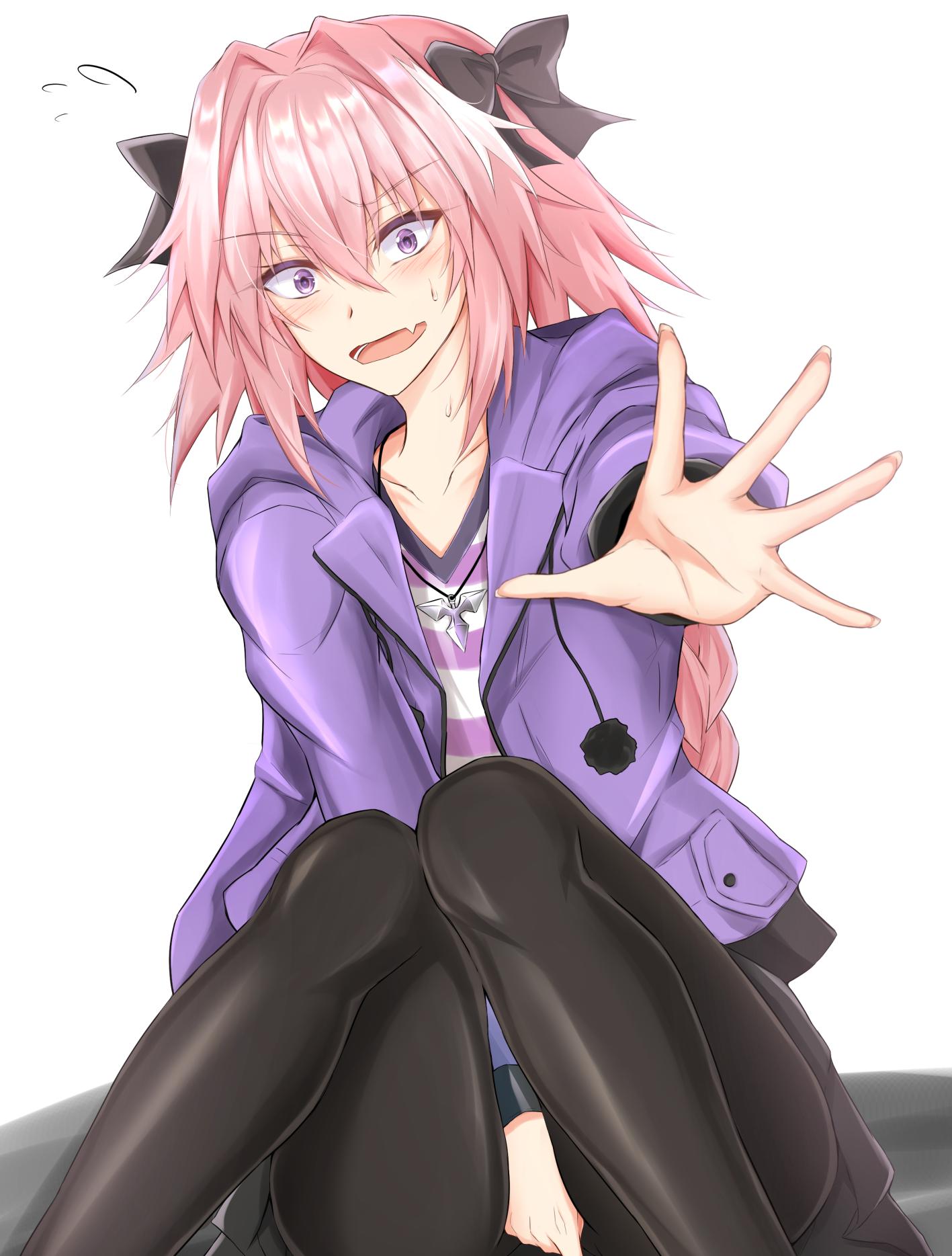 1boy astolfo_(fate) bangs black_bow black_legwear black_skirt blush bow braid casual collarbone commentary_request drawstring eyebrows_visible_through_hair fang fate/apocrypha fate_(series) feet_out_of_frame flying_sweatdrops hair_between_eyes hair_bow hair_intakes highres hood hooded_jacket jacket knees_up long_braid long_hair long_sleeves looking_at_viewer male_focus miniskirt open_clothes open_jacket open_mouth otoko_no_ko pantyhose pink_hair piro_(iiiiiiiiii) pom_pom_(clothes) purple_jacket purple_shirt shirt sidelocks simple_background sitting skin_fang skirt skirt_tug striped striped_shirt sweat thighs violet_eyes white_background white_shirt