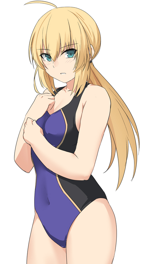 1girl ahoge artoria_pendragon_(all) bare_arms bare_shoulders black_swimsuit blue_swimsuit blush check_character collarbone competition_swimsuit cowboy_shot eyebrows_visible_through_hair fate/grand_order fate_(series) hair_between_eyes long_hair looking_at_viewer navel one-piece_swimsuit ponytail shiseki_hirame simple_background solo swimsuit white_background