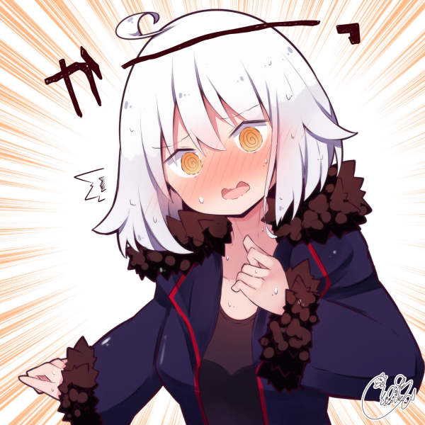 /\/\/\ 1girl @_@ ahoge bangs beni_shake black_dress blue_jacket blush breasts commentary_request dress emphasis_lines eyebrows_visible_through_hair fate/grand_order fate_(series) fur-trimmed_jacket fur-trimmed_sleeves fur_trim hair_between_eyes jacket jeanne_d'arc_(alter)_(fate) jeanne_d'arc_(fate)_(all) medium_breasts nose_blush open_clothes open_jacket orange_eyes signature solo sweat translated upper_body white_hair wicked_dragon_witch_ver._shinjuku_1999