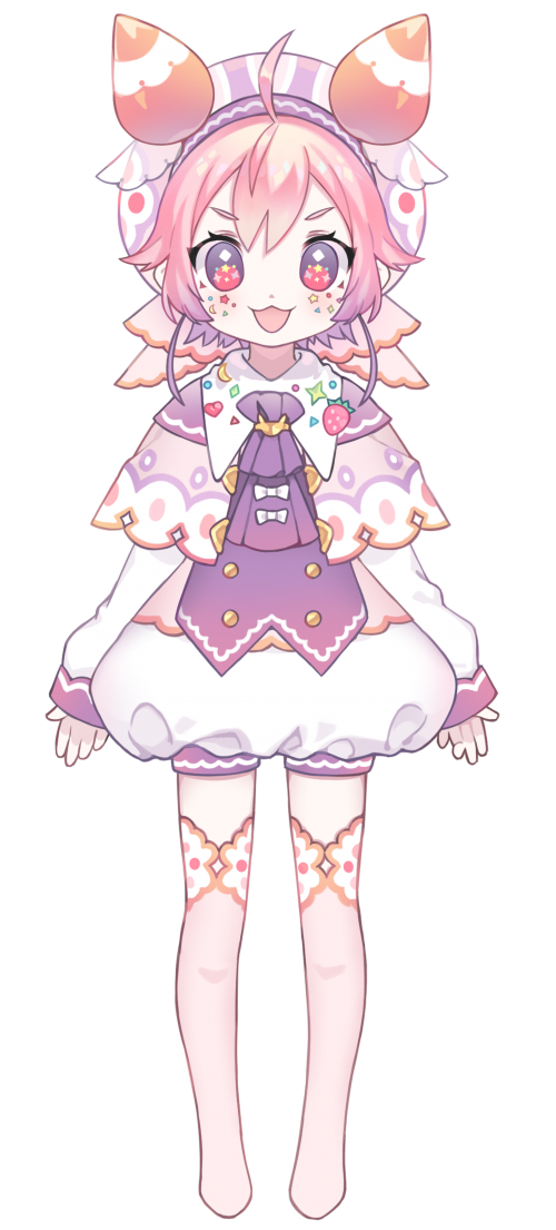 1girl :3 :d ahoge bangs blush capelet closed_mouth facial_mark full_body hat long_sleeves looking_at_viewer methyl_key nijisanji no_shoes official_art open_mouth pink_hair pink_legwear puffy_pants short_eyebrows short_hair smile solo standing star star-shaped_pupils symbol-shaped_pupils tachi-e thigh-highs transparent_background ushimi_ichigo v-shaped_eyebrows violet_eyes virtual_youtuber
