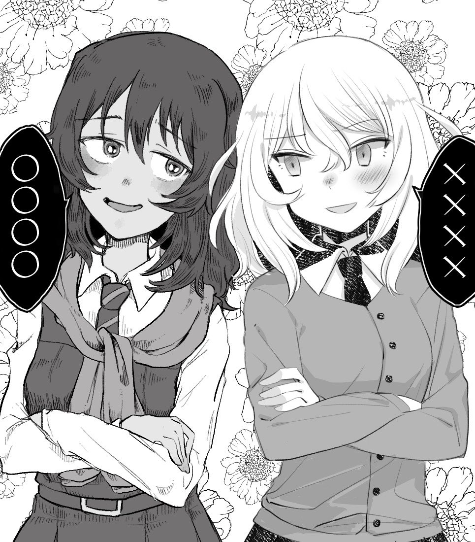 2girls andou_(girls_und_panzer) bangs bc_freedom_school_uniform belt black_hair blush crossed_arms dark_skin floral_background girls_und_panzer jacket_around_neck long_sleeves looking_at_another medium_hair messy_hair monochrome multiple_girls necktie open_mouth oshida_(girls_und_panzer) school_uniform skirt smile speech_bubble standing sweater tongue tsumin