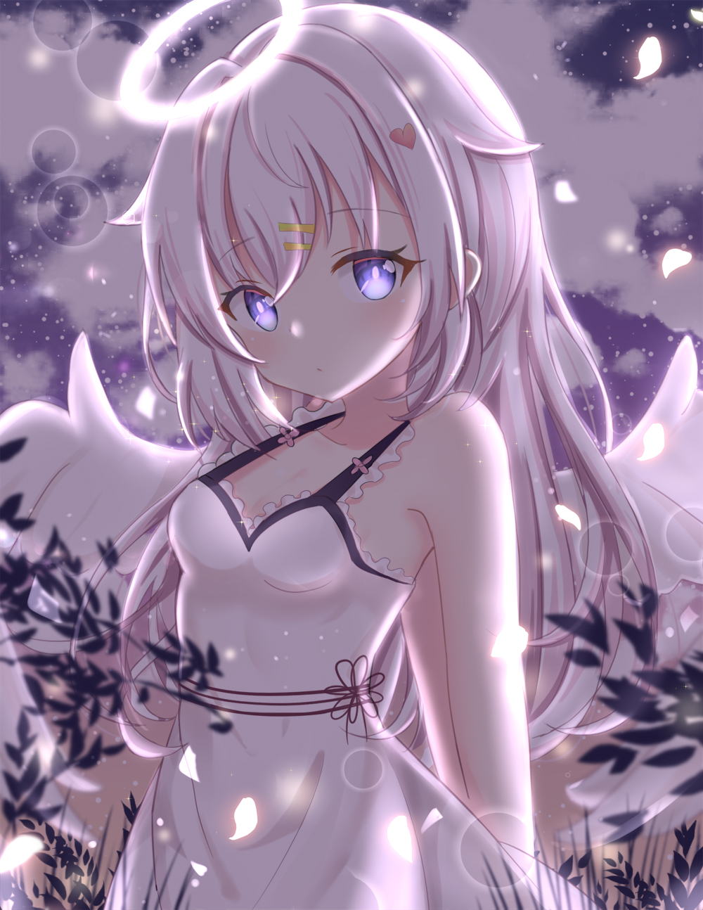 1girl bangs bare_arms bare_shoulders blue_eyes blush breasts closed_mouth clouds cloudy_sky collarbone commentary_request dress eyebrows_visible_through_hair feathered_wings glowing glowing_eyes hair_between_eyes hair_ornament hairclip head_tilt heart heart_hair_ornament highres long_hair original outdoors satori_(ymoy) silver_hair sky sleeveless sleeveless_dress small_breasts solo very_long_hair white_dress white_wings wings