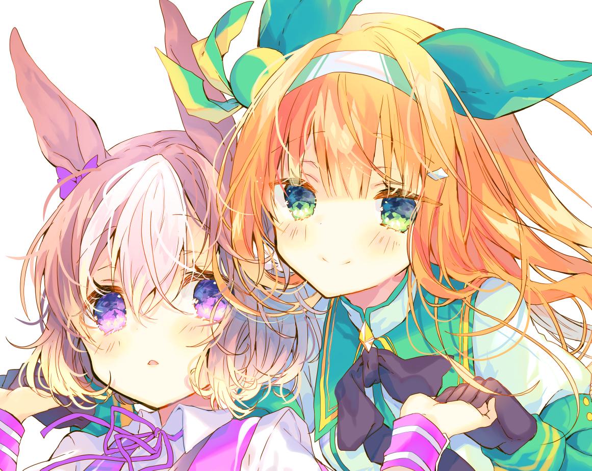 2girls animal_ears bangs black_gloves blush bow brown_hair closed_mouth collared_shirt eyebrows_visible_through_hair gloves green_eyes hair_between_eyes hair_bow hair_ornament hairband hairclip holding_hands horse_ears jacket long_hair long_sleeves multicolored_hair multiple_girls neck_ribbon necon1 orange_hair parted_lips puffy_short_sleeves puffy_sleeves purple_ribbon ribbon shirt short_over_long_sleeves short_sleeves silence_suzuka simple_background smile special_week streaked_hair umamusume upper_body violet_eyes white_background white_hair white_jacket white_shirt wristband