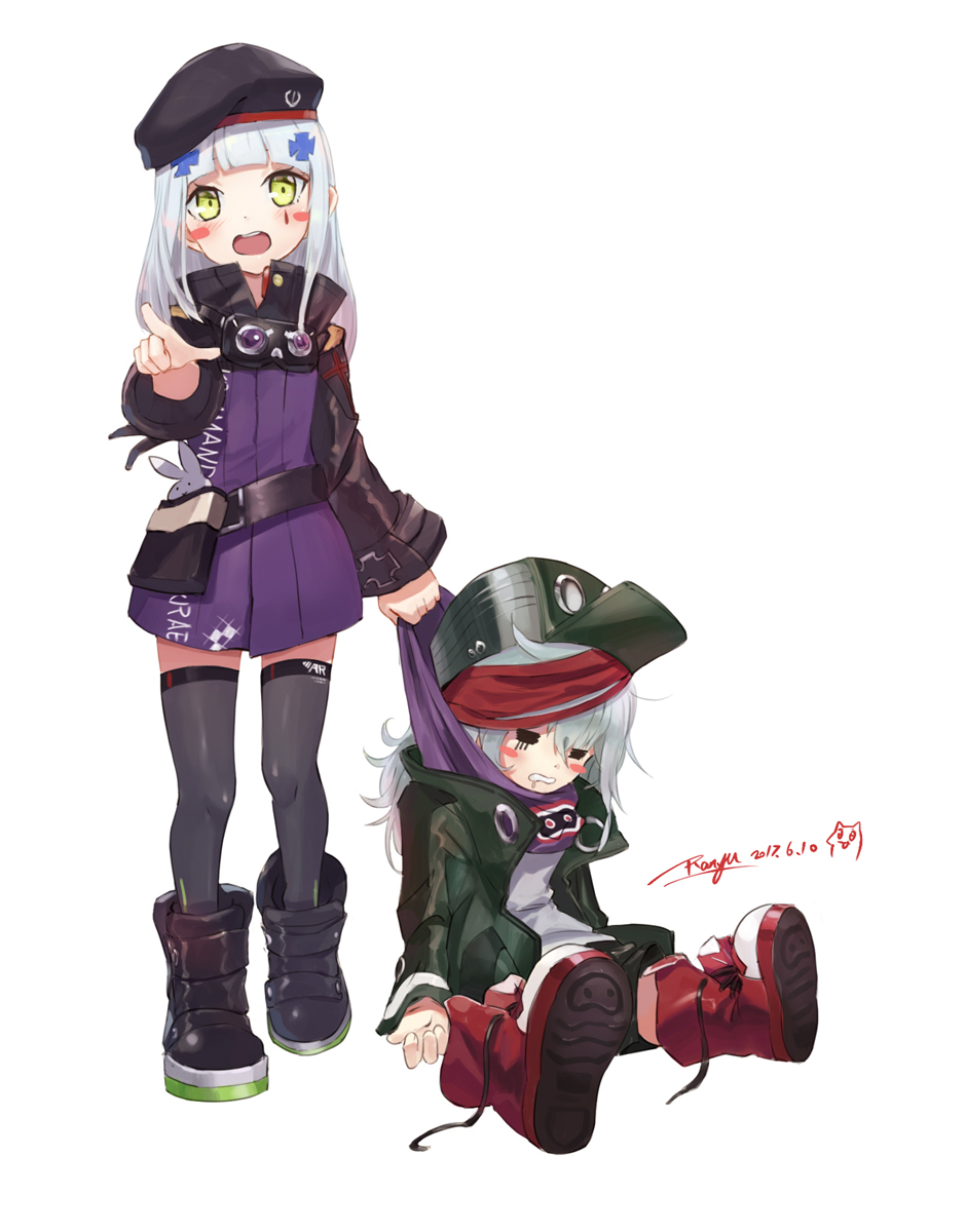 2girls beret blush_stickers boots closed_eyes doll dragging drooling g11_(girls_frontline) girls_frontline green_eyes hat highres hk416_(girls_frontline) multiple_girls rabbit ranyu signature silver_hair sleeping younger