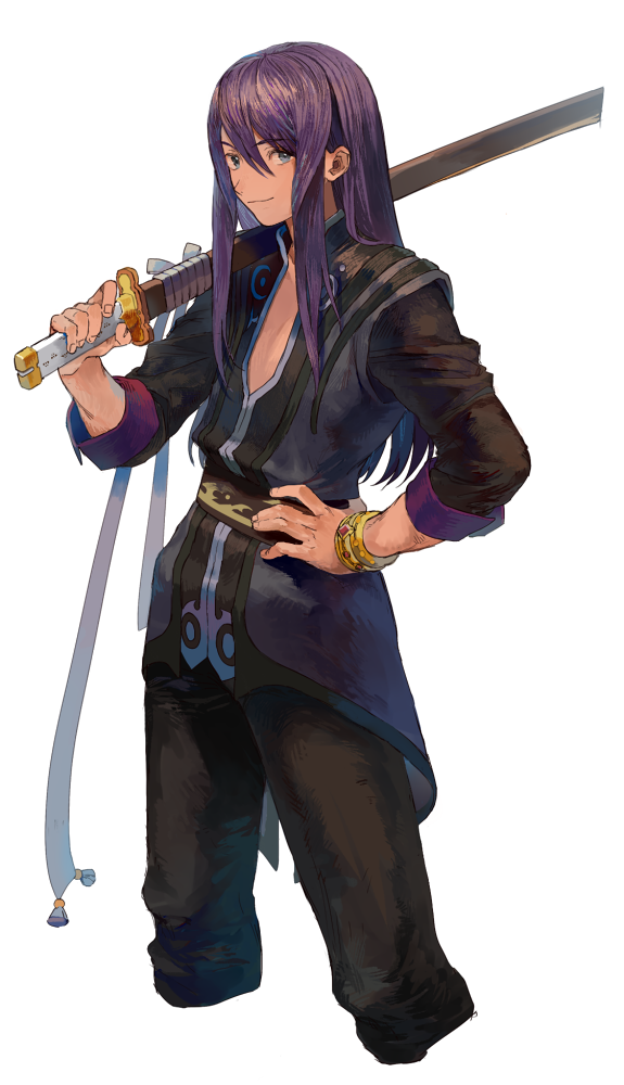 1boy belt blue_eyes bracelet closed_mouth gem hair_between_eyes hand_on_hip holding holding_sword holding_weapon jewelry katana male_focus medium_hair nnnnanno over_shoulder simple_background sleeves_rolled_up smile solo standing sword tales_of_(series) tales_of_vesperia violet_eyes weapon weapon_over_shoulder white_background yuri_lowell