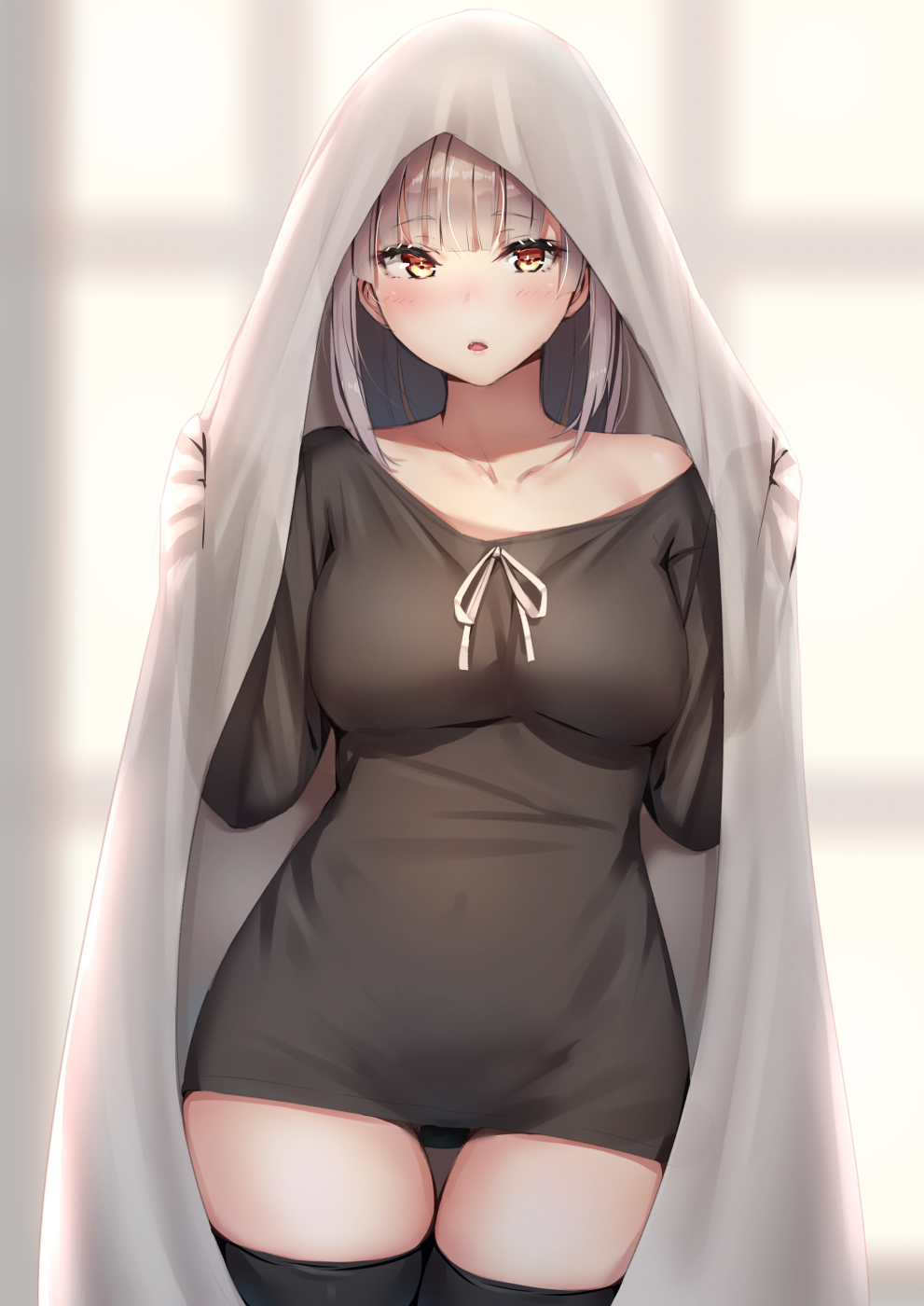 1girl :o black_legwear black_shirt blanket blurry breasts brown_eyes collarbone commentary_request cowboy_shot highres large_breasts long_hair long_sleeves looking_at_viewer no_pants original parted_lips reinama revision ribbon shirt silver_hair solo standing thigh-highs thigh_gap thighs white_ribbon window