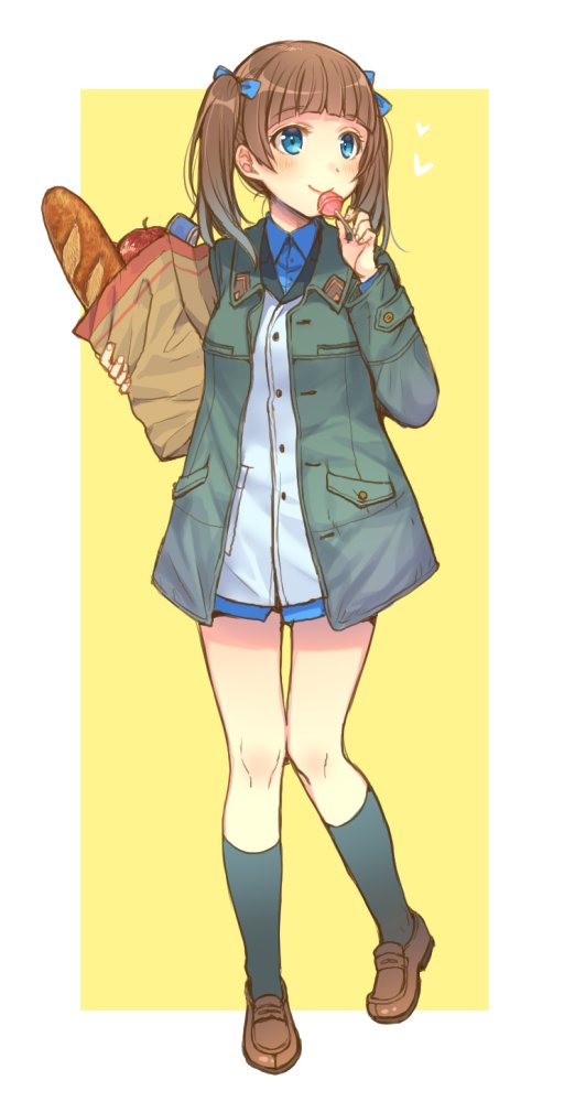 1girl apple bag bangs black_legwear blue_bow blue_eyes blue_shirt blunt_bangs bow brave_witches bread brown_footwear brown_hair closed_mouth coat commentary dress_shirt eyebrows_visible_through_hair food fruit full_body georgette_lemare grey_coat grocery_bag hair_bow heart holding holding_bag holding_lollipop jacket light_blush loafers looking_to_the_side medium_hair military military_uniform no_pants open_clothes open_coat outside_border shirt shoes shopping_bag simple_background smile socks solo standing standing_on_one_leg totonii_(totogoya) twintails uniform white_jacket wing_collar world_witches_series yellow_background
