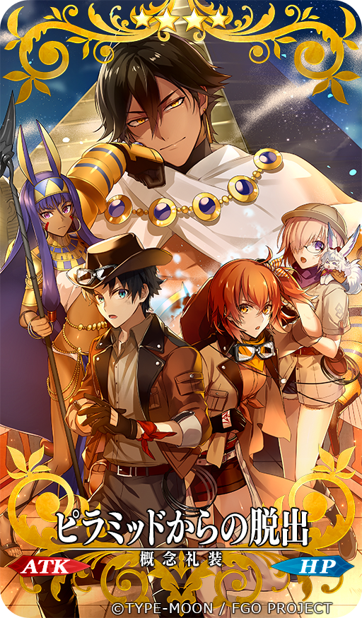 2boys 3girls :o ahoge animal animal_on_shoulder black_gloves black_hair black_pants boots brown_hair cape card_(medium) chaps closed_mouth command_spell commentary commentary_request craft_essence escape_from_the_pyramid fate/grand_order fate/prototype fate/prototype:_fragments_of_blue_and_silver fate_(series) fou_(fate/grand_order) fujimaru_ritsuka_(female) fujimaru_ritsuka_(male) gloves goggles goggles_around_neck goggles_on_headwear hat hat_around_neck helmet holding holding_staff jewelry knee_boots lavender_hair long_hair looking_at_viewer low-tied_long_hair mash_kyrielight midriff multiple_boys multiple_girls necklace nitaka_(fujikichi) nitocris_(fate/grand_order) official_art orange_shirt ozymandias_(fate) pants pith_helmet purple_hair pyramid shirt short_hair shorts side_ponytail smile staff tan tied_shirt white_cape yellow_eyes