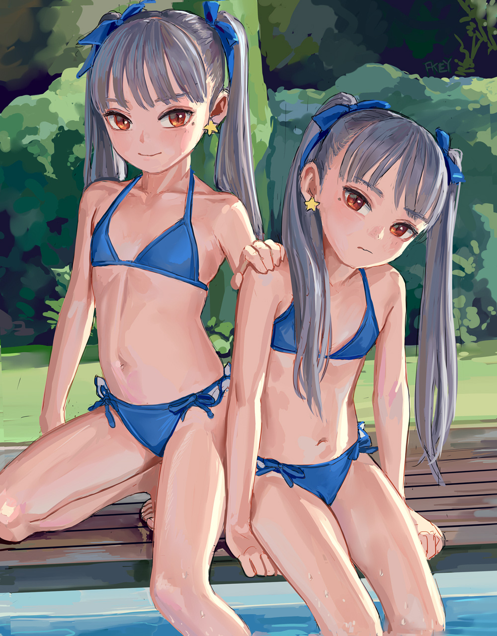 2girls arm_support bangs bare_arms bare_legs bare_shoulders barefoot bikini blue_bikini blue_bow blush bow brown_eyes bush closed_mouth collarbone day earrings eyebrows_visible_through_hair fkey grey_hair hair_bow hand_on_another's_shoulder head_tilt highres jewelry long_hair looking_at_viewer multiple_girls navel one_knee original outdoors poolside siblings side-tie_bikini smile star star_earrings swimsuit twins twintails very_long_hair water wet
