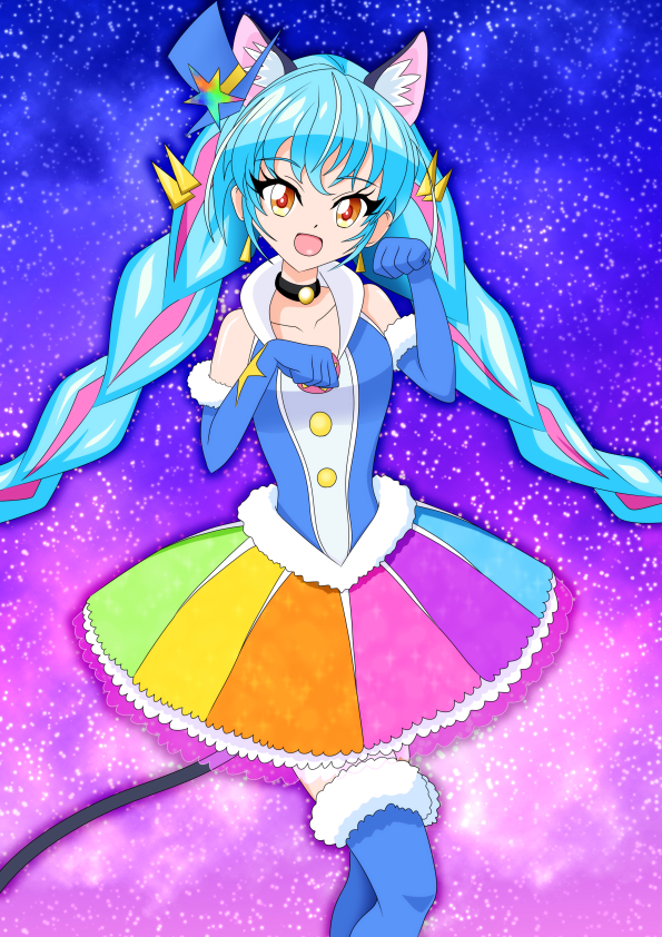 1girl adorasvp1984 aqua_hair braid brown_eyes cure_cosmo elbow_gloves gloves multicolored_hair pink_hair precure solo star_twinkle_precure thigh-highs twin_braids yuni_(precure)