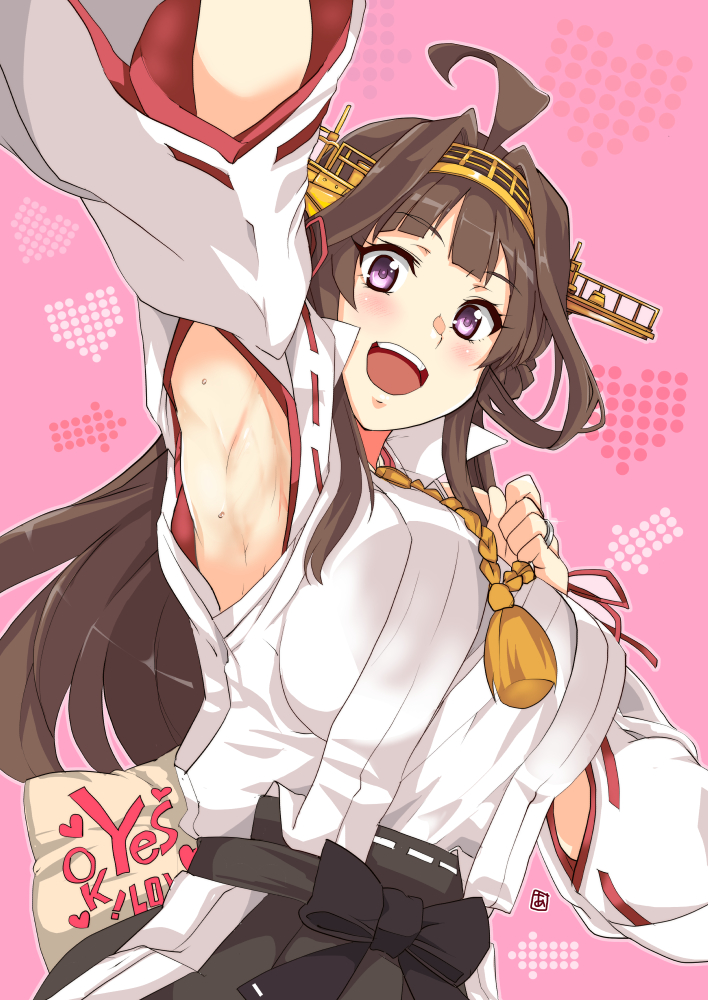 1girl :d ahoge aoi_manabu armpits breasts brown_hair double_bun headgear jewelry kantai_collection kongou_(kantai_collection) large_breasts long_hair looking_at_viewer nontraditional_miko open_mouth pink_background remodel_(kantai_collection) ring smile solo violet_eyes wedding_band yes-no_pillow