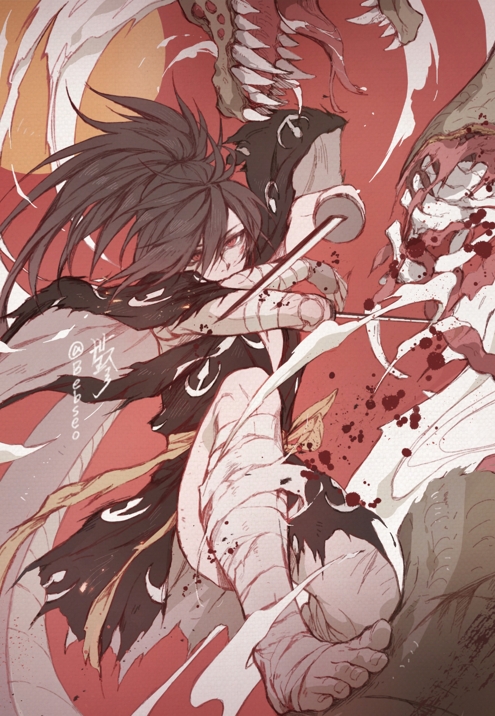 1boy amputee bandaged_arm bandaged_leg bandages barefoot bebseo biting black_hair blade bleeding blood blood_on_face bone cutting dororo_(tezuka) expressionless flesh forked_tongue hair_between_eyes highres hyakkimaru_(dororo) japanese_clothes male_focus medium_hair open_mouth ponytail red_background red_eyes reptile saliva scales signature slit_pupils solo spine sun teeth tied_hair tongue torn_clothes twitter_username weapon