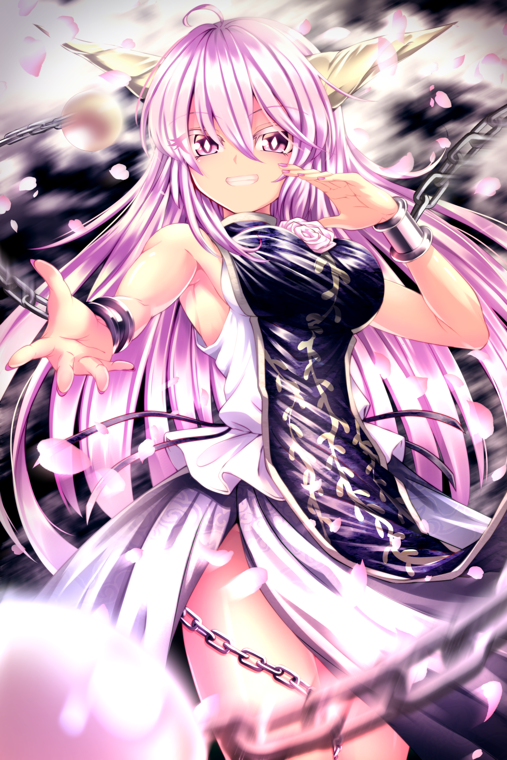 1girl ahoge ball_and_chain_restraint breasts chain cuffs dress eyebrows_visible_through_hair flower grin hair_between_eyes highres horns ibaraki_kasen large_breasts long_hair motion_blur nomayo oni petals pink_eyes pink_hair rose shackles side_slit sleeveless smile spoilers tabard touhou very_long_hair wild_and_horned_hermit