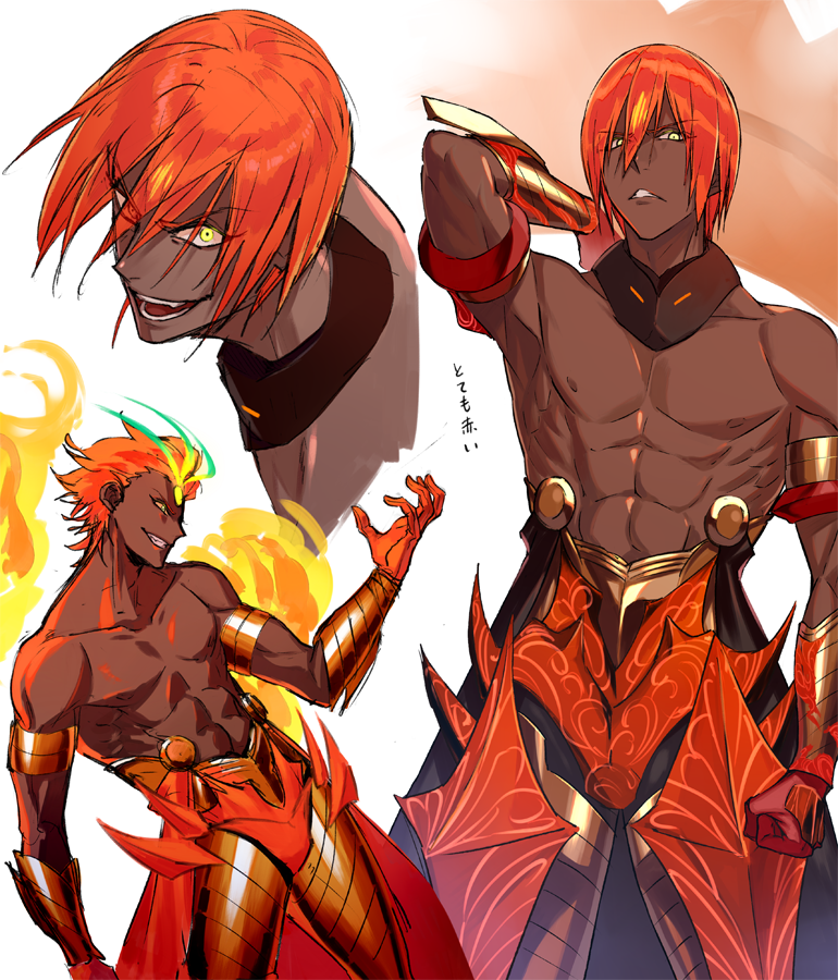 1boy abs angry ashwatthama_(fate/grand_order) dark_skin dark_skinned_male detached_collar fate/grand_order fate_(series) gloves male_focus muscle open_mouth redhead shirtless simple_background sujiko_(125motimoti) teeth upper_body weapon weapon_on_back white_background yellow_eyes